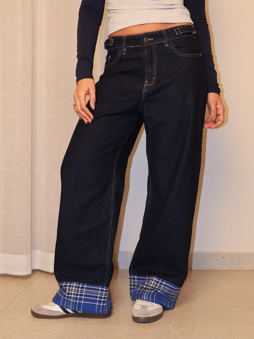 Checkered Cuff Wide Leg Jeans