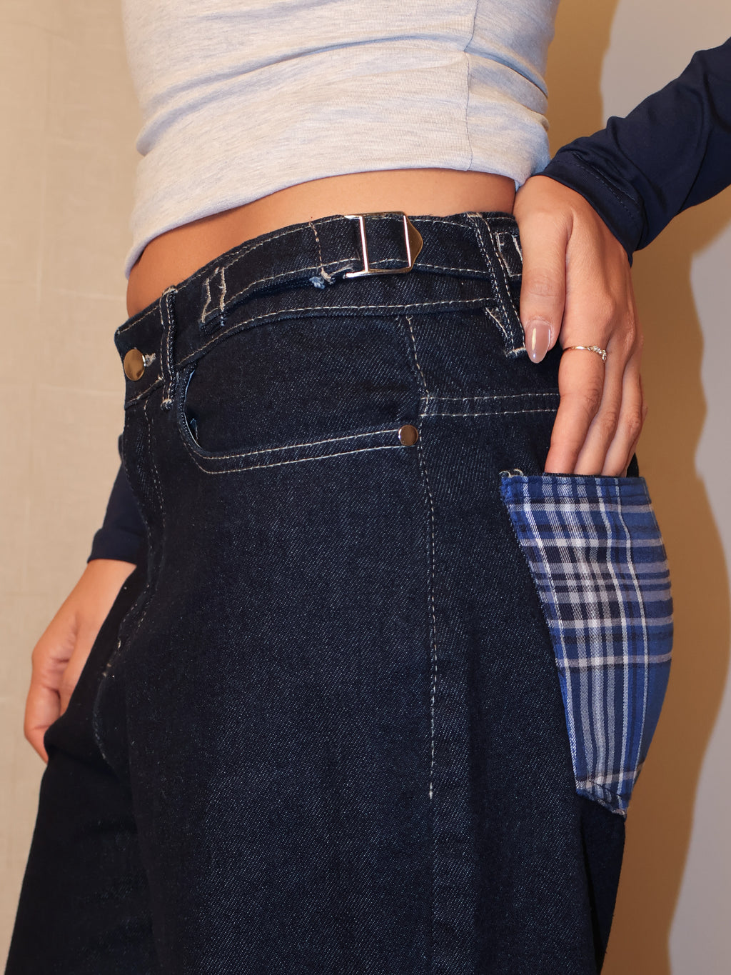 Checkered Cuff Wide Leg Jeans