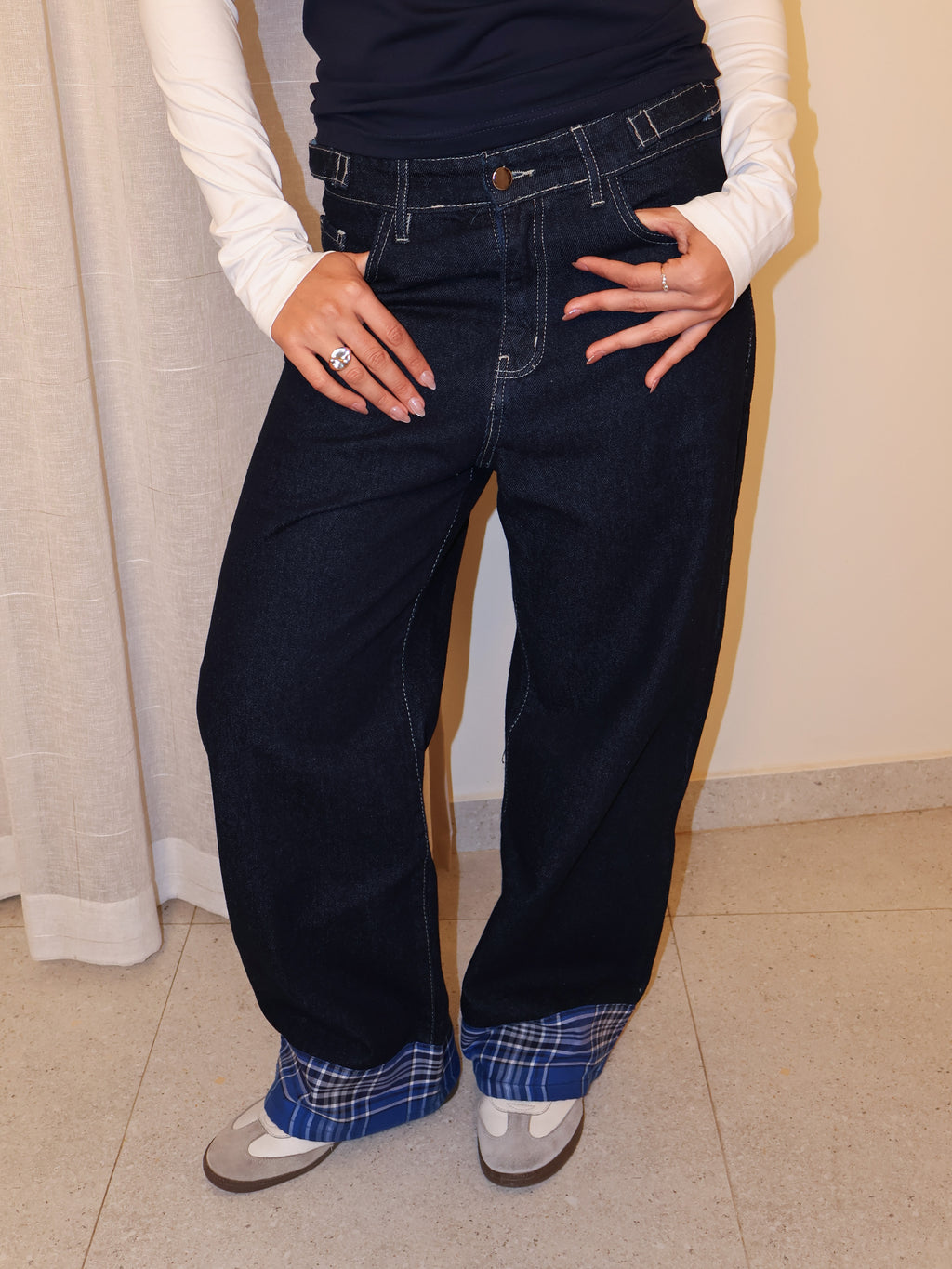 Checkered Cuff Wide Leg Jeans