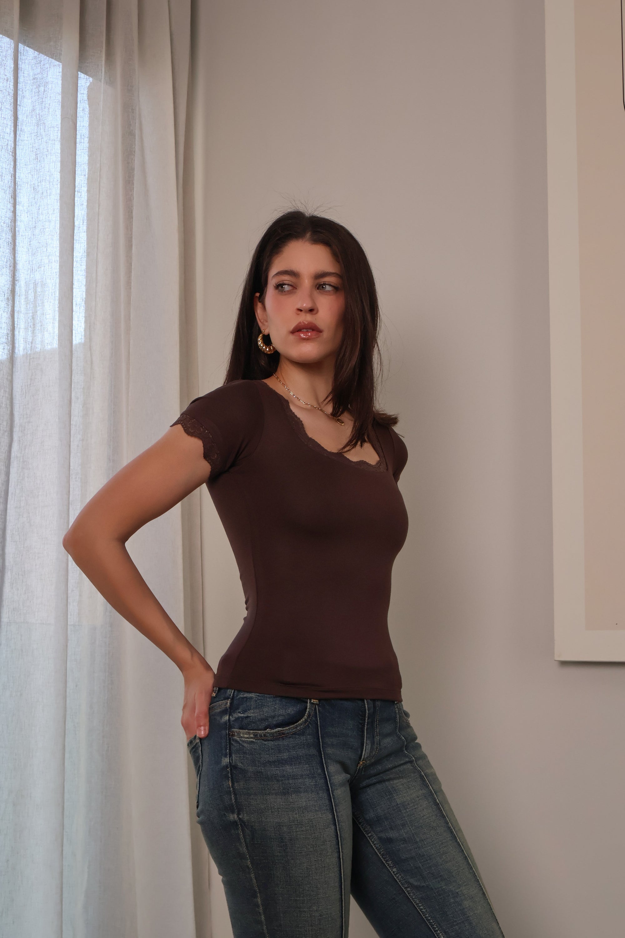 Lace square neck cap sleeve top