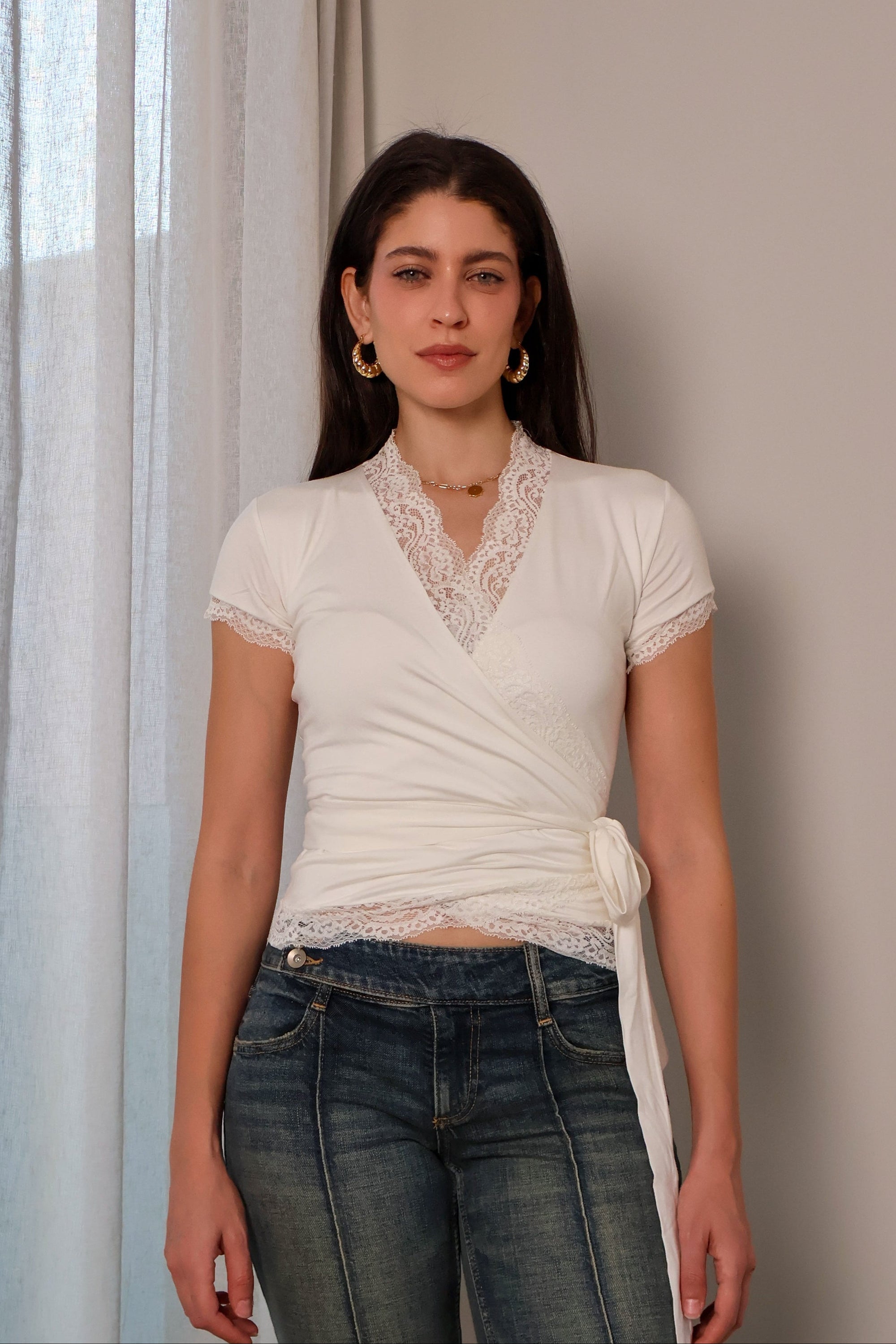 Lace half sleeve wrap cardigan