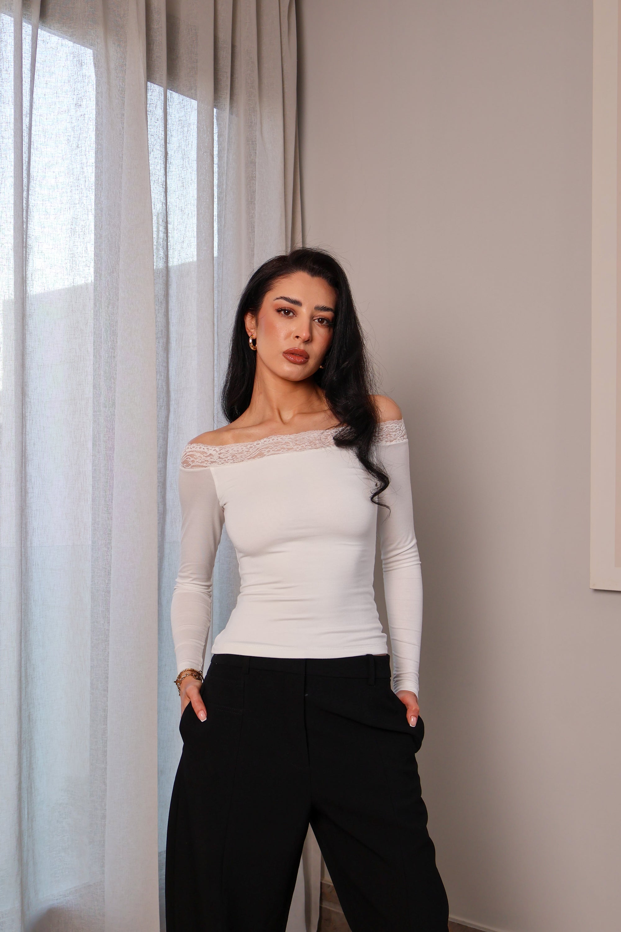 Lace Off Shoulder Long Sleeve Top