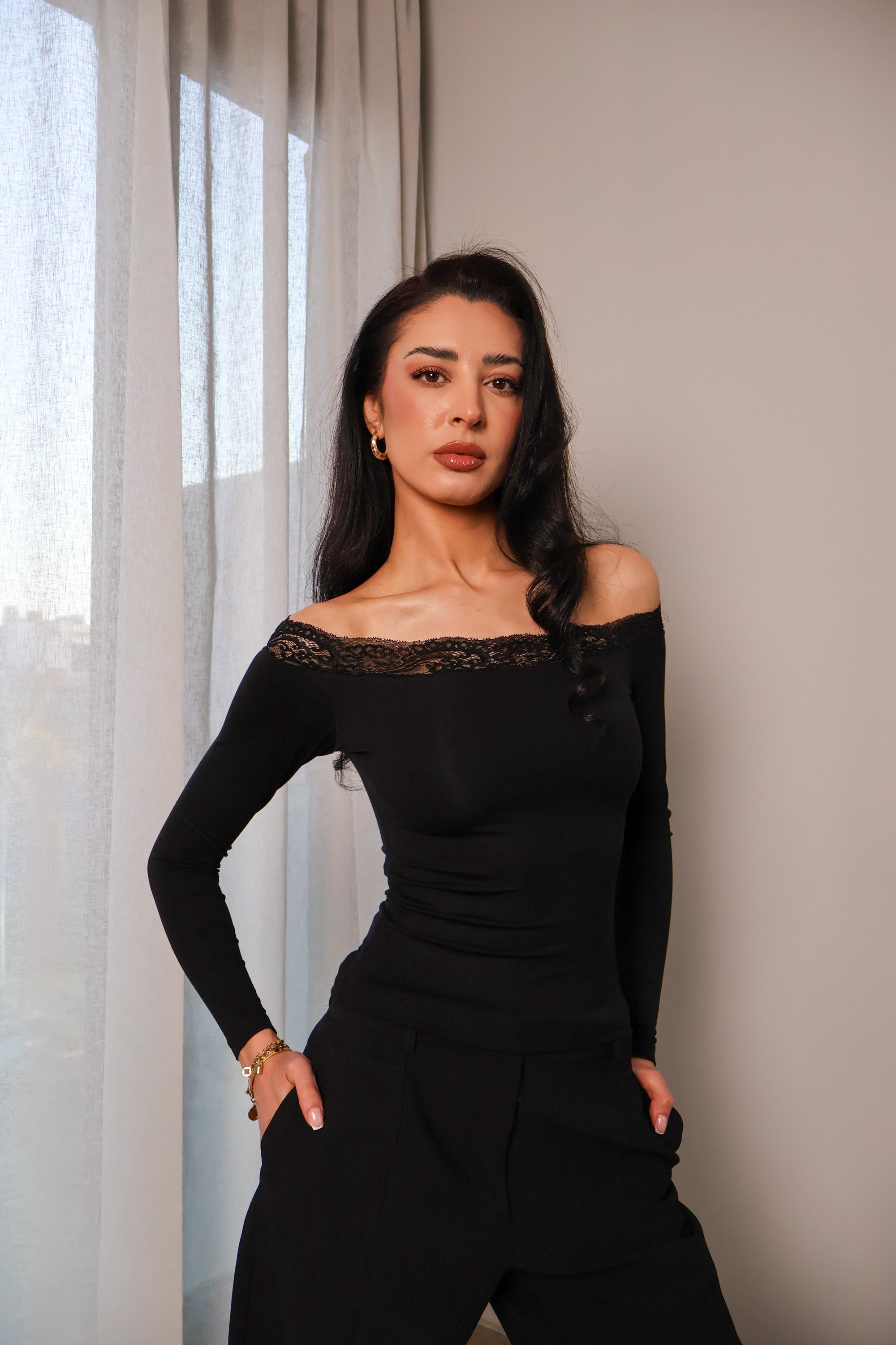 Lace Off Shoulder Long Sleeve Top