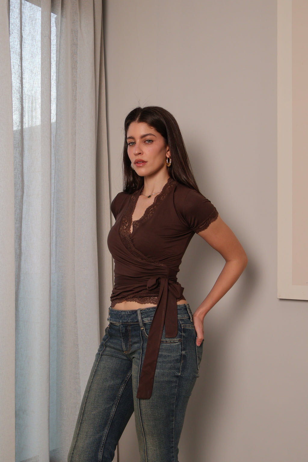 Lace half sleeve wrap cardigan