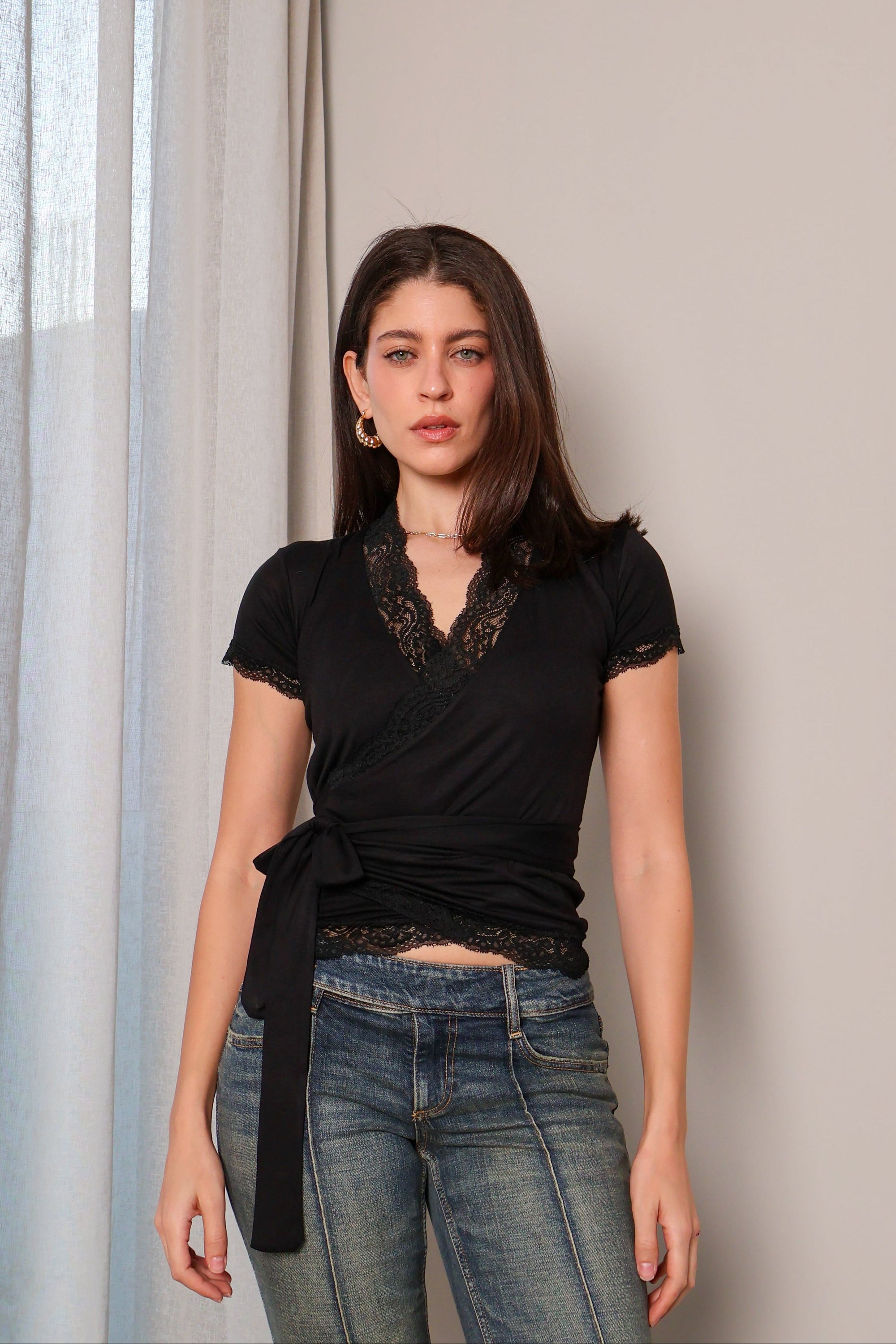 Lace half sleeve wrap cardigan