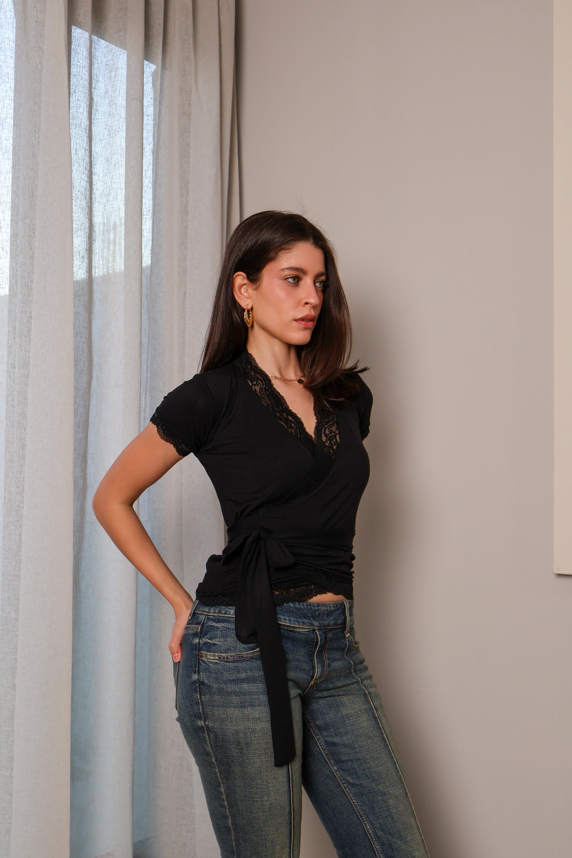 Lace half sleeve wrap cardigan