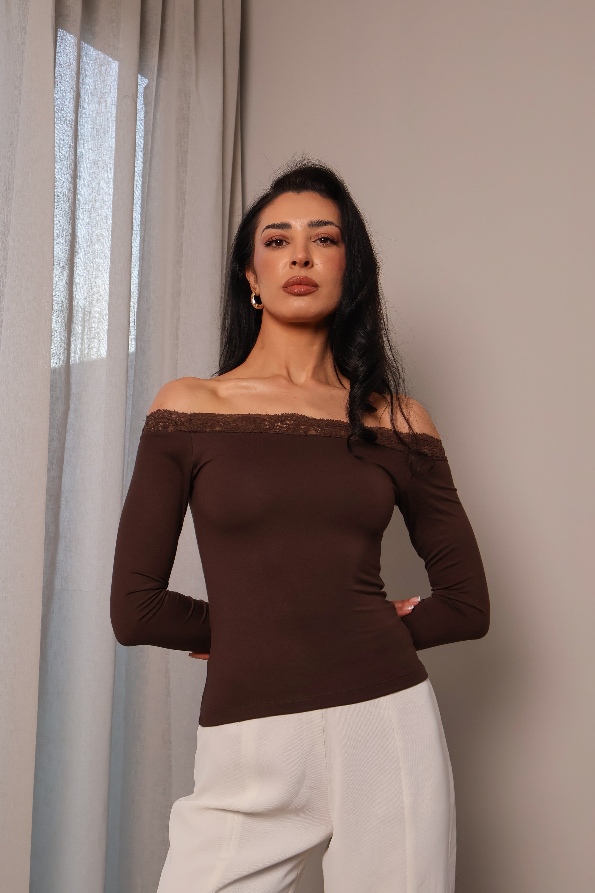 Lace Off Shoulder Long Sleeve Top