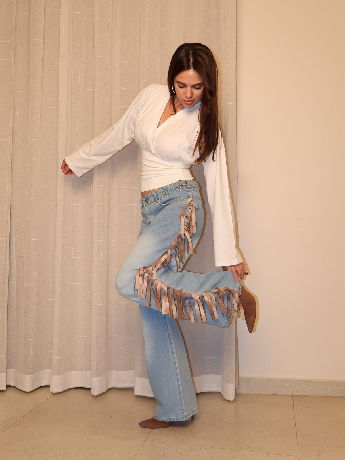 Cowboy Wide Leg Fringe Jeans