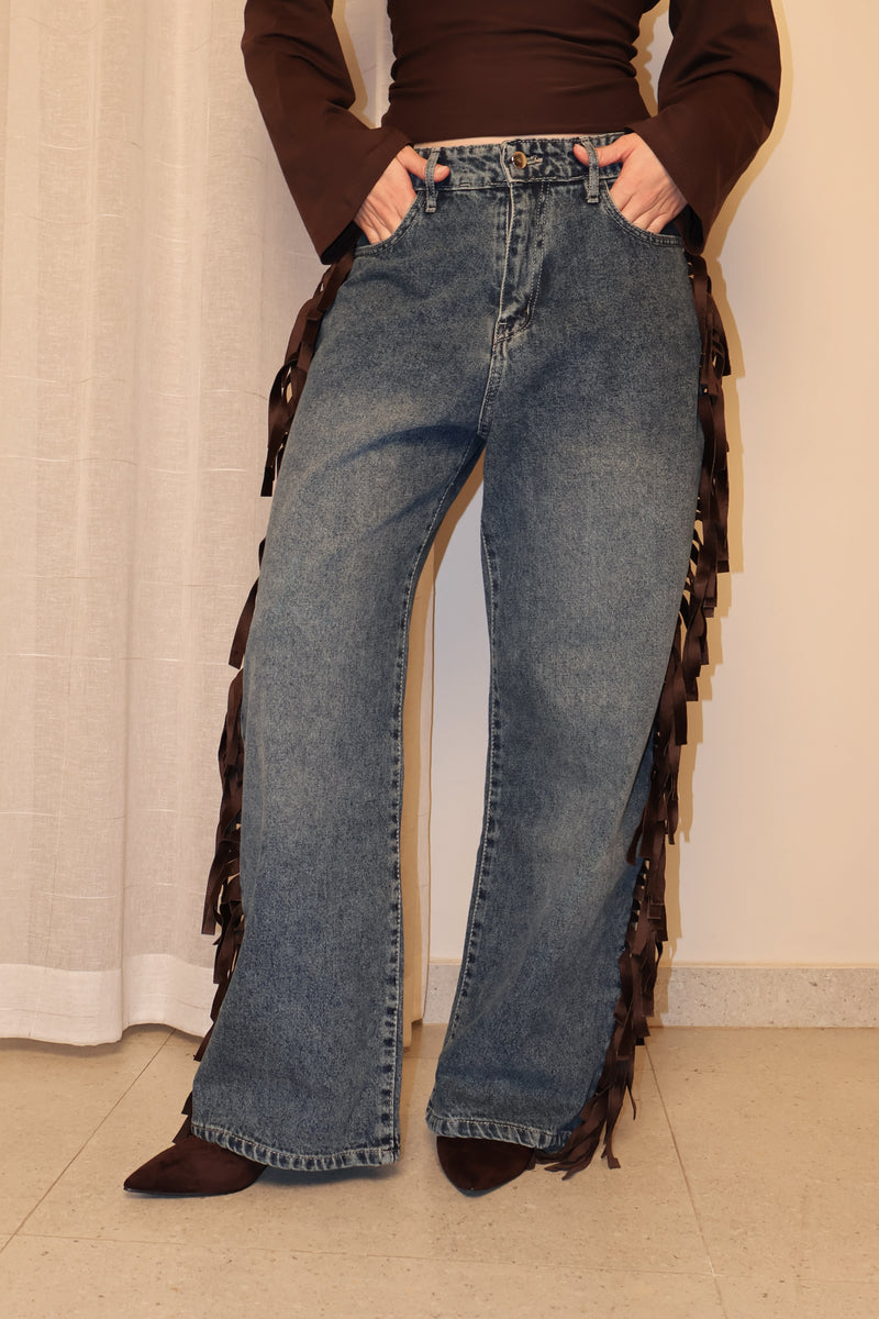 Cowboy Wide Leg Fringe Jeans