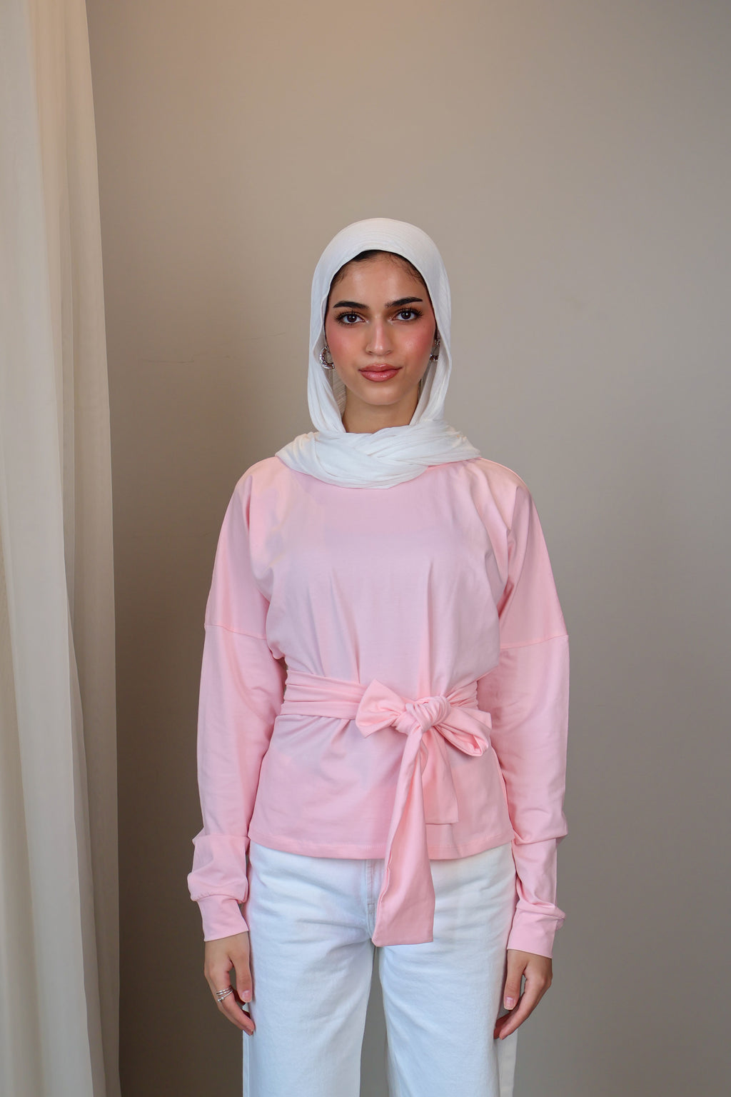 Belted long sleeve crewneck