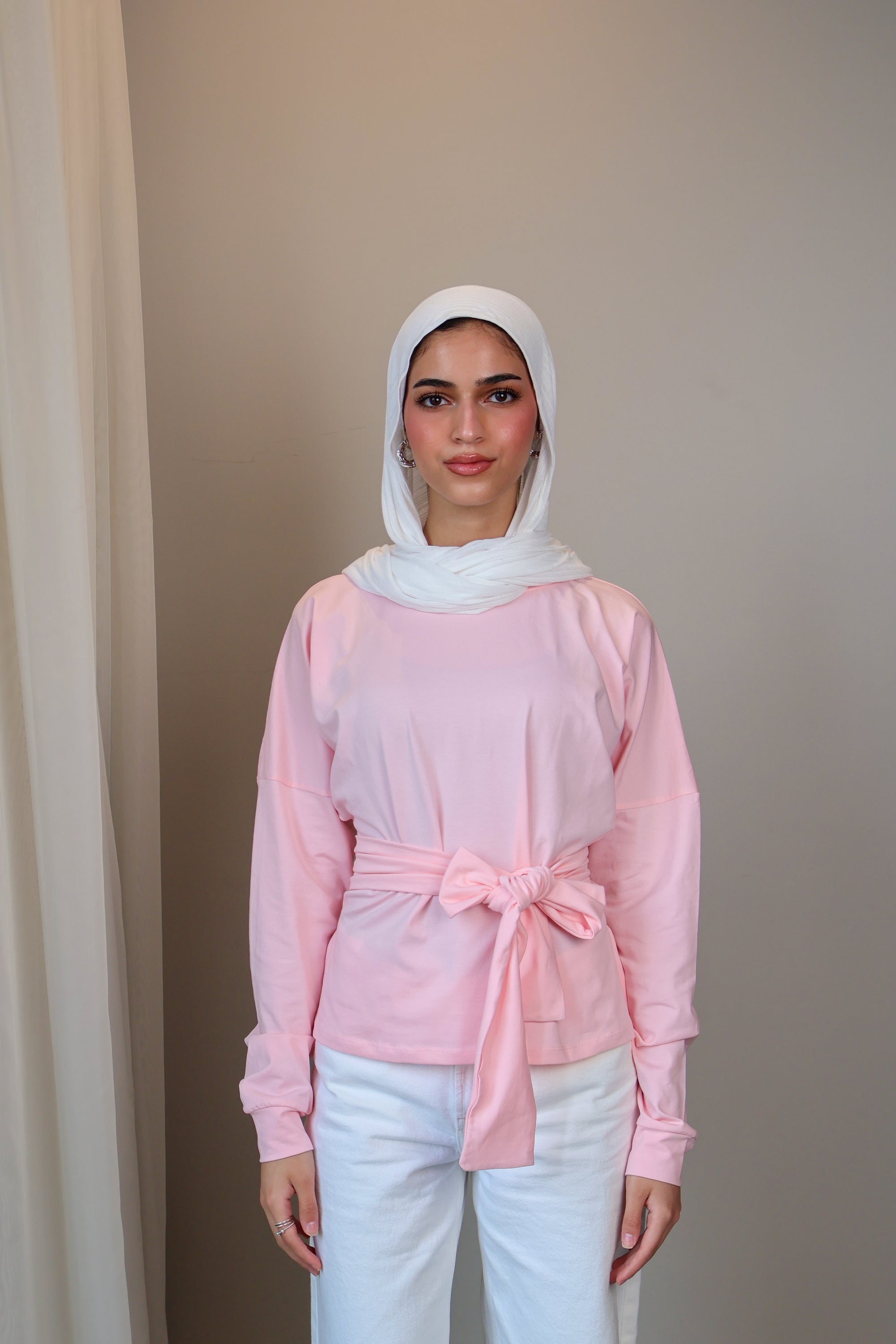 Belted long sleeve crewneck