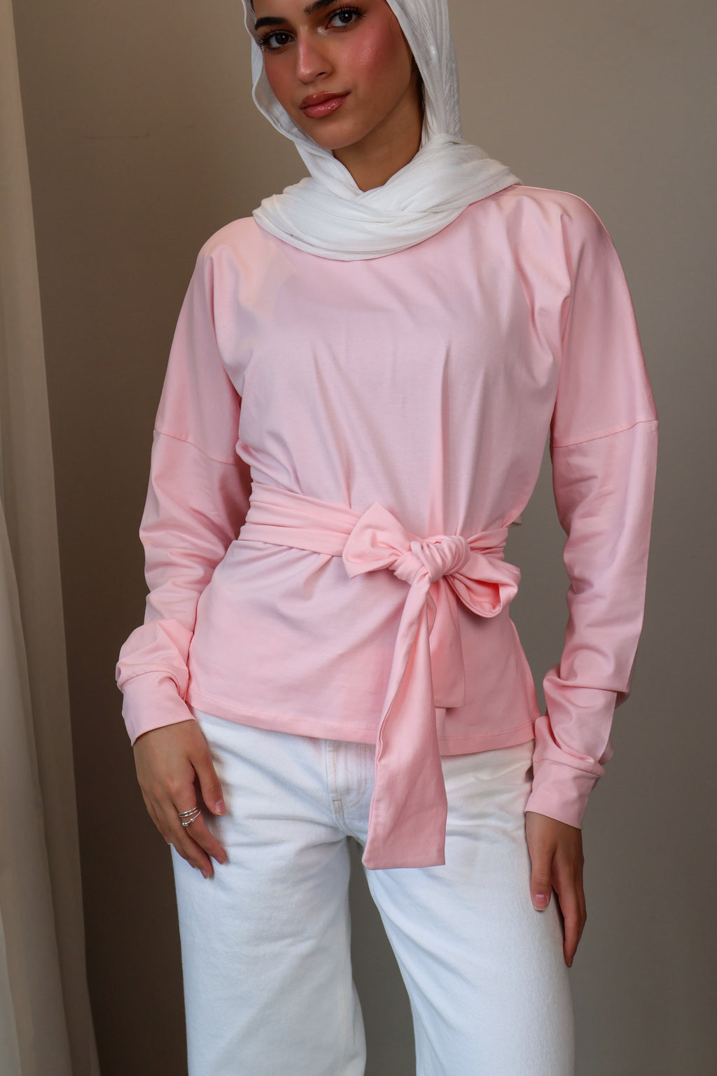 Belted long sleeve crewneck
