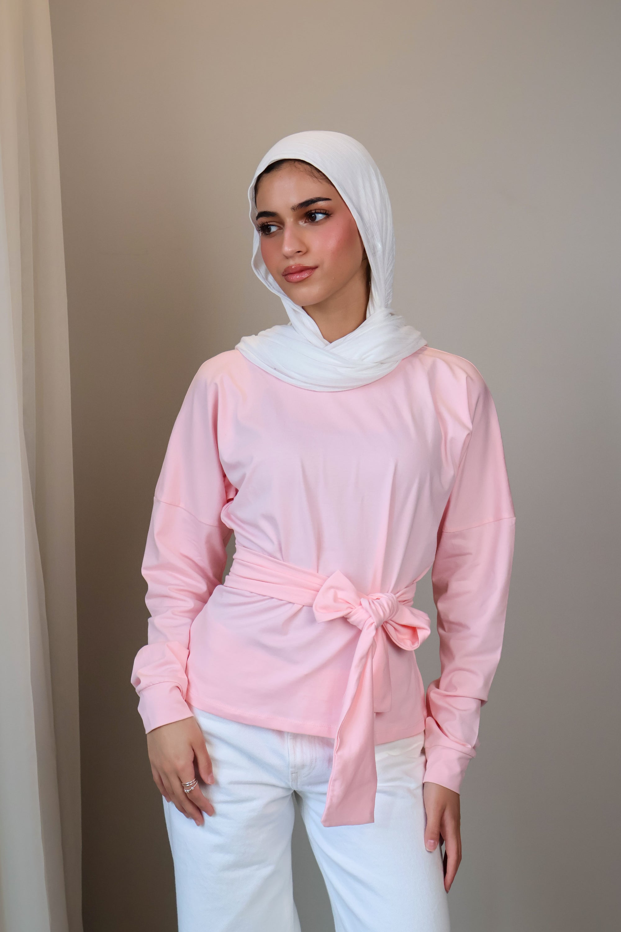 Belted long sleeve crewneck