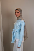 Belted long sleeve crewneck
