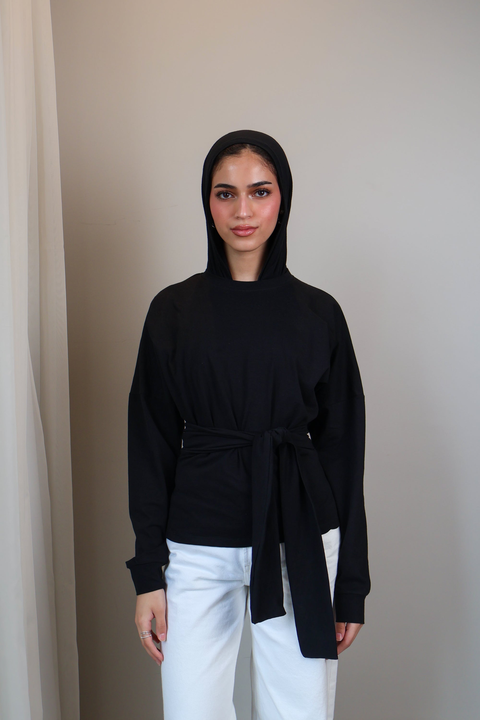 Belted long sleeve crewneck