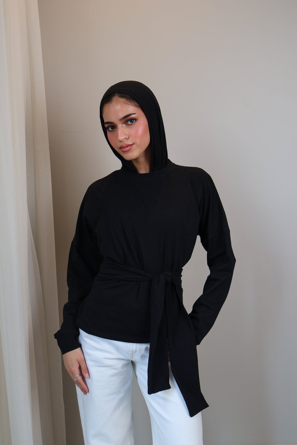 Belted long sleeve crewneck