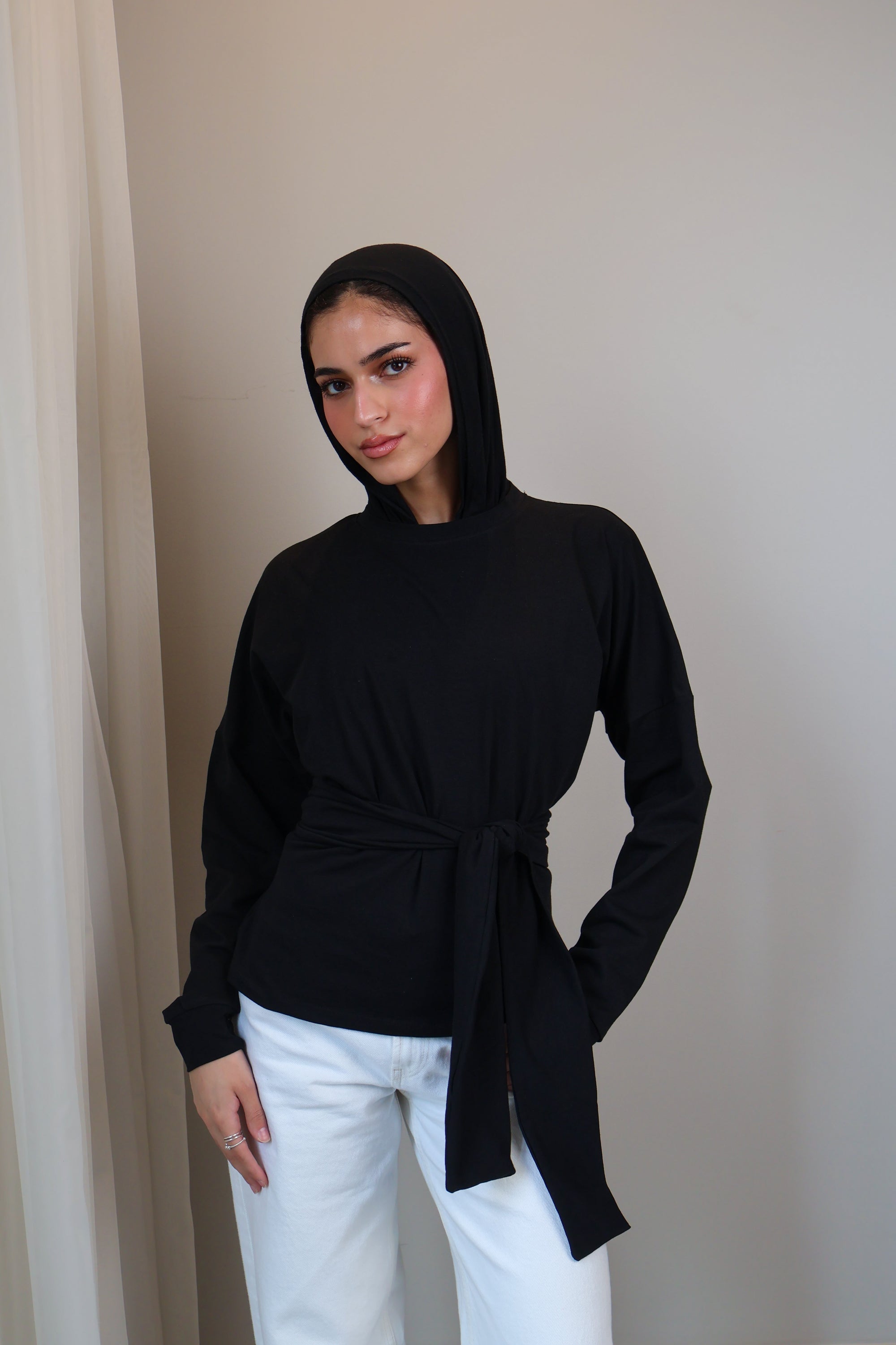 Belted long sleeve crewneck