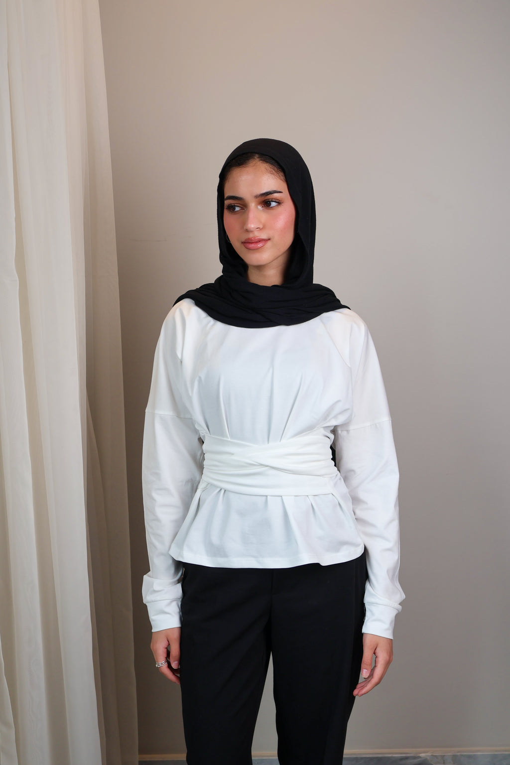 Belted long sleeve crewneck