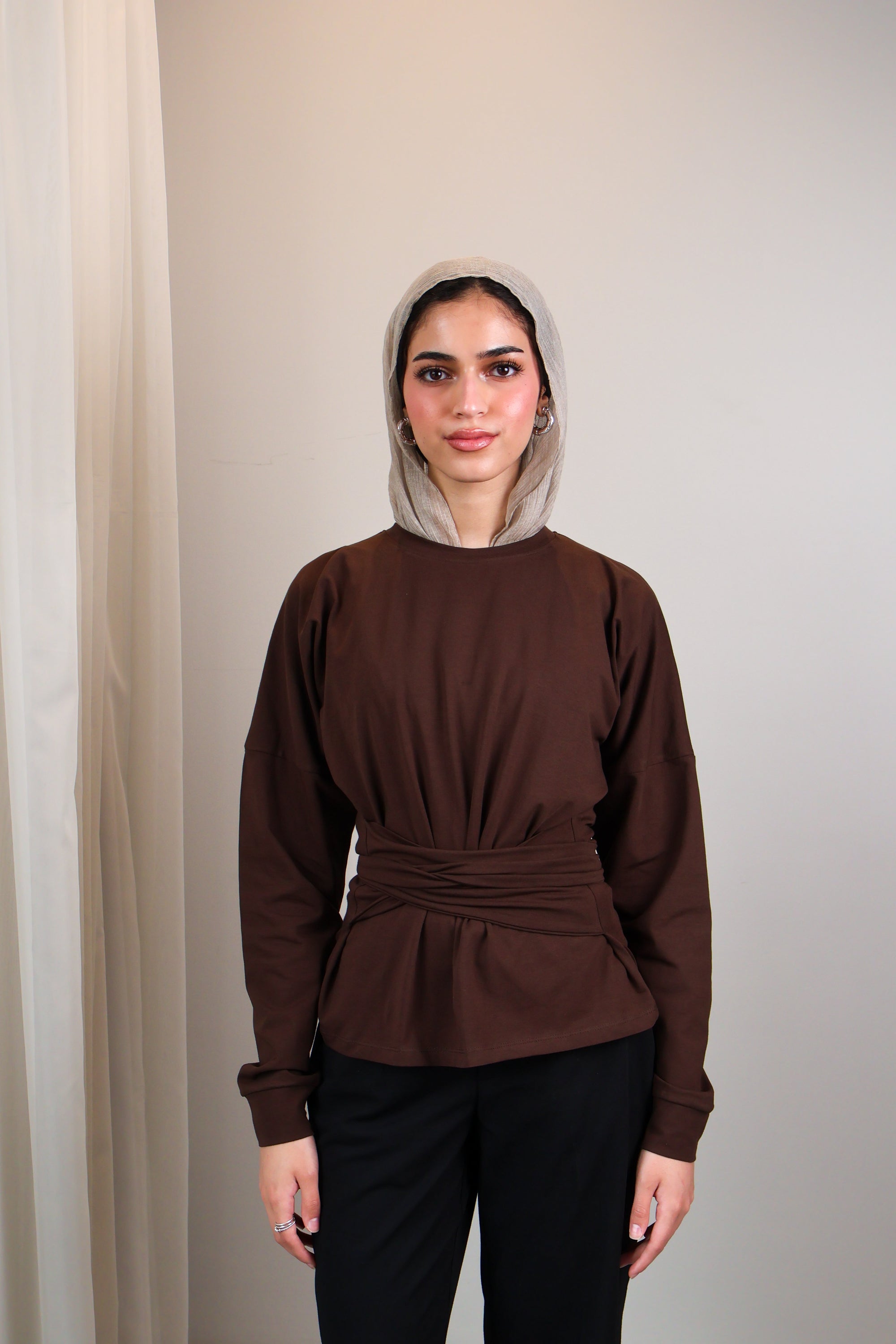 Belted long sleeve crewneck
