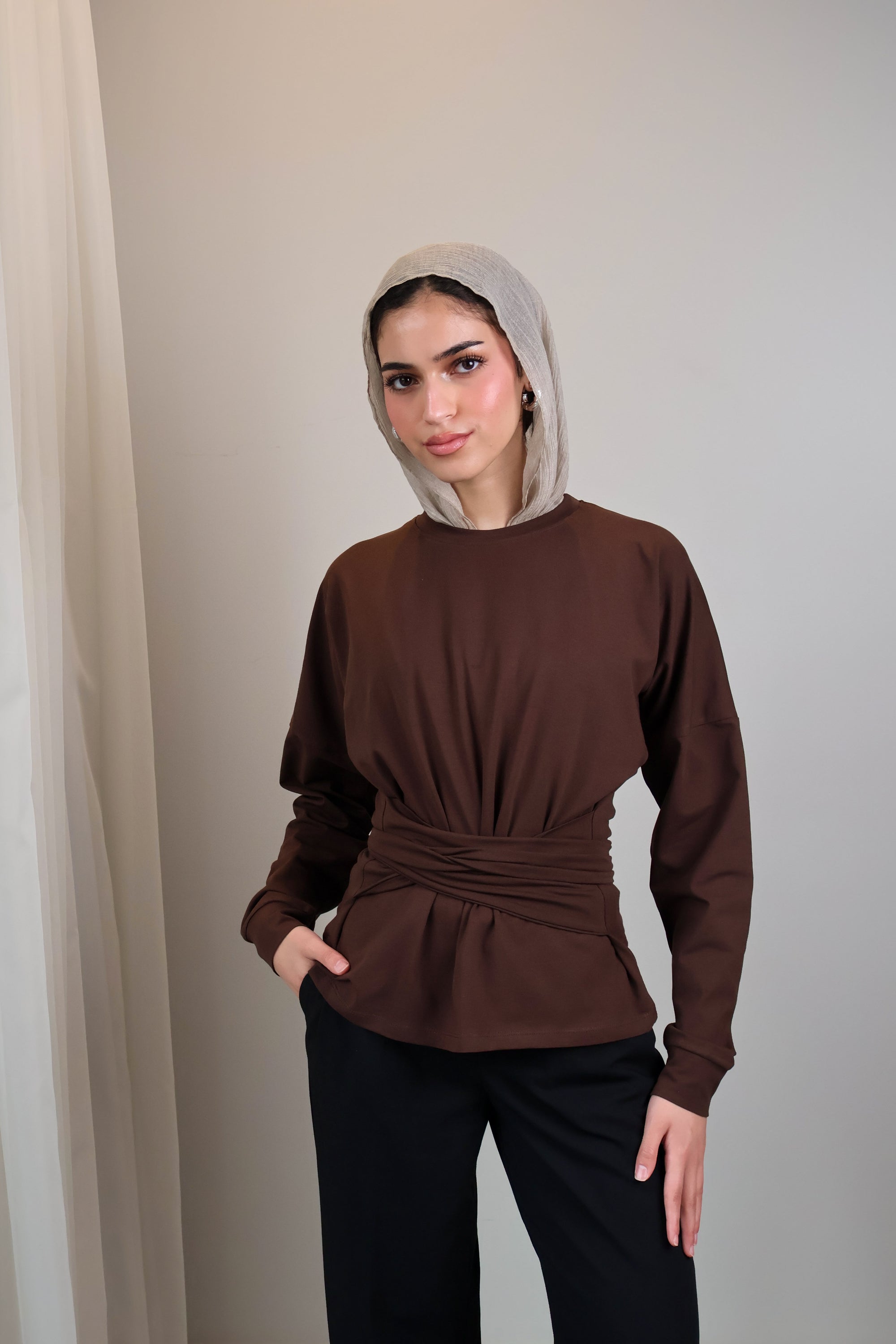 Belted long sleeve crewneck