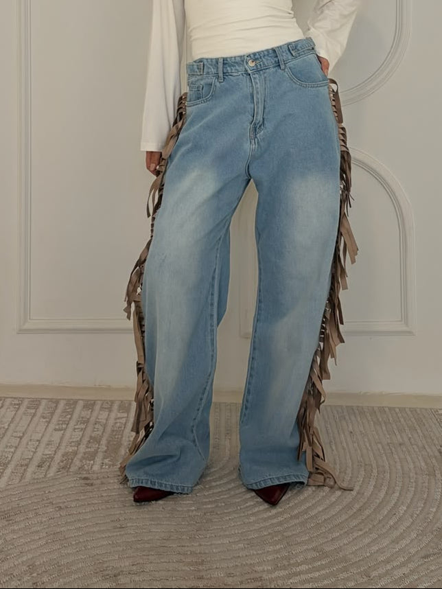Cowboy Wide Leg Fringe Jeans