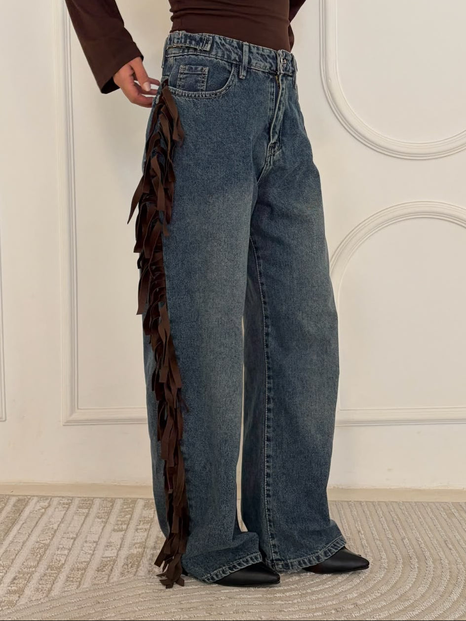 Cowboy Wide Leg Fringe Jeans