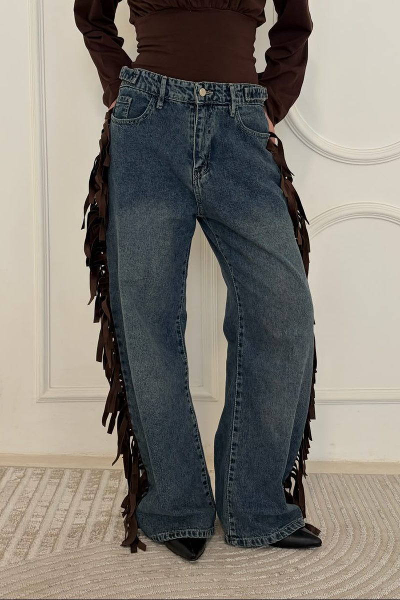 Cowboy Wide Leg Fringe Jeans
