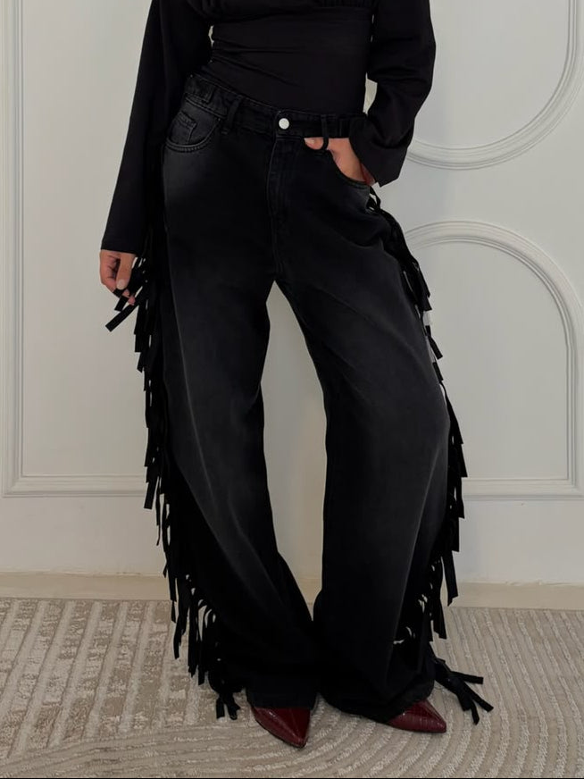 Cowboy Wide Leg Fringe Jeans