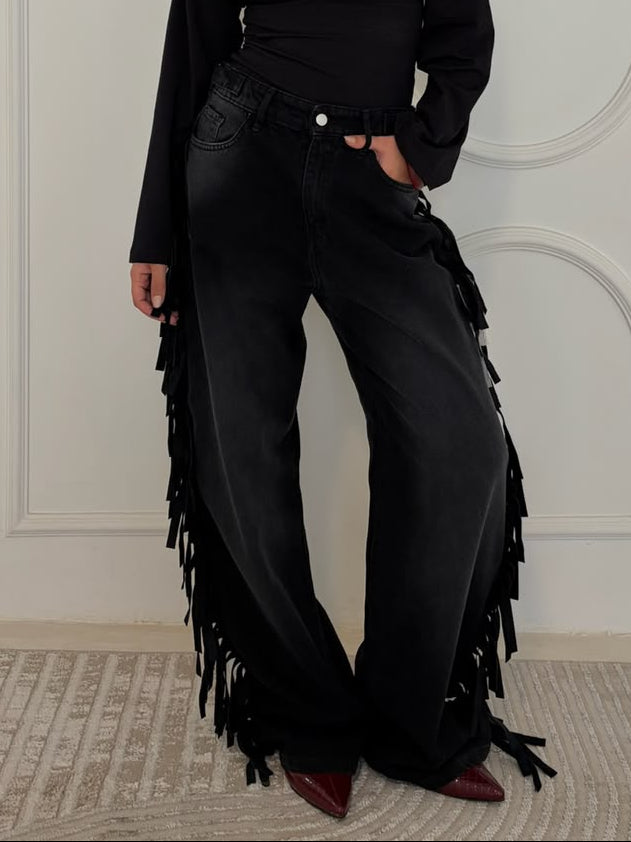 Cowboy Wide Leg Fringe Jeans