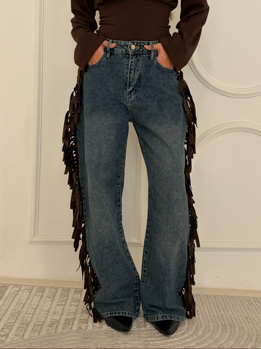 Cowboy Wide Leg Fringe Jeans