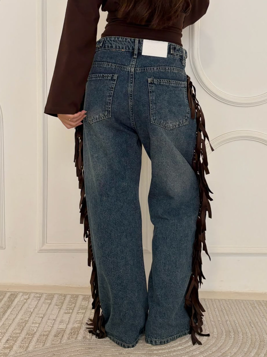 Cowboy Wide Leg Fringe Jeans