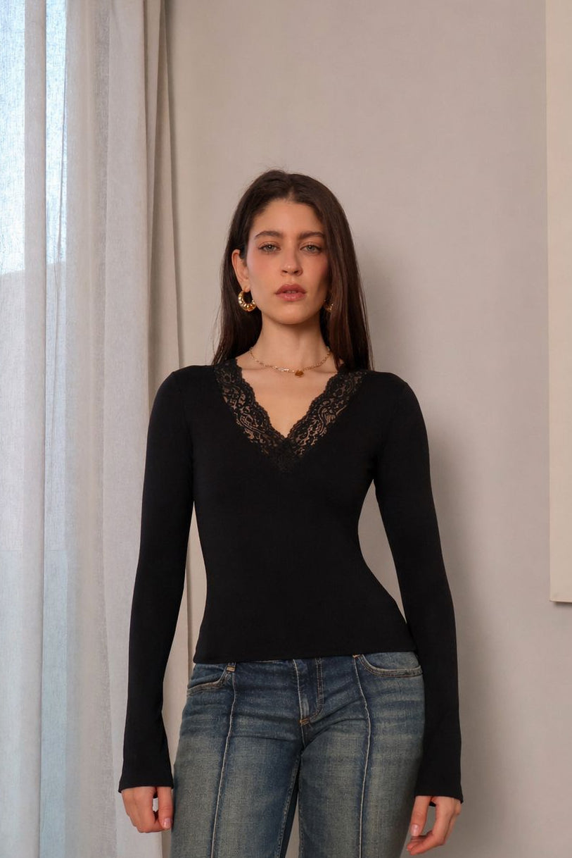Lace V neck bell sleeve top