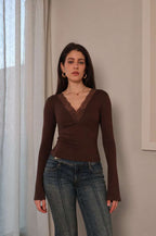 Lace V neck bell sleeve top