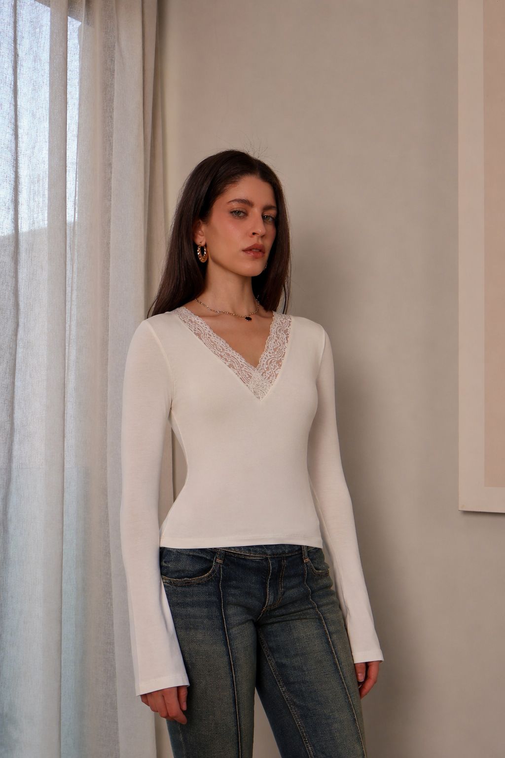 Lace V neck bell sleeve top