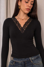 Lace V neck bell sleeve top