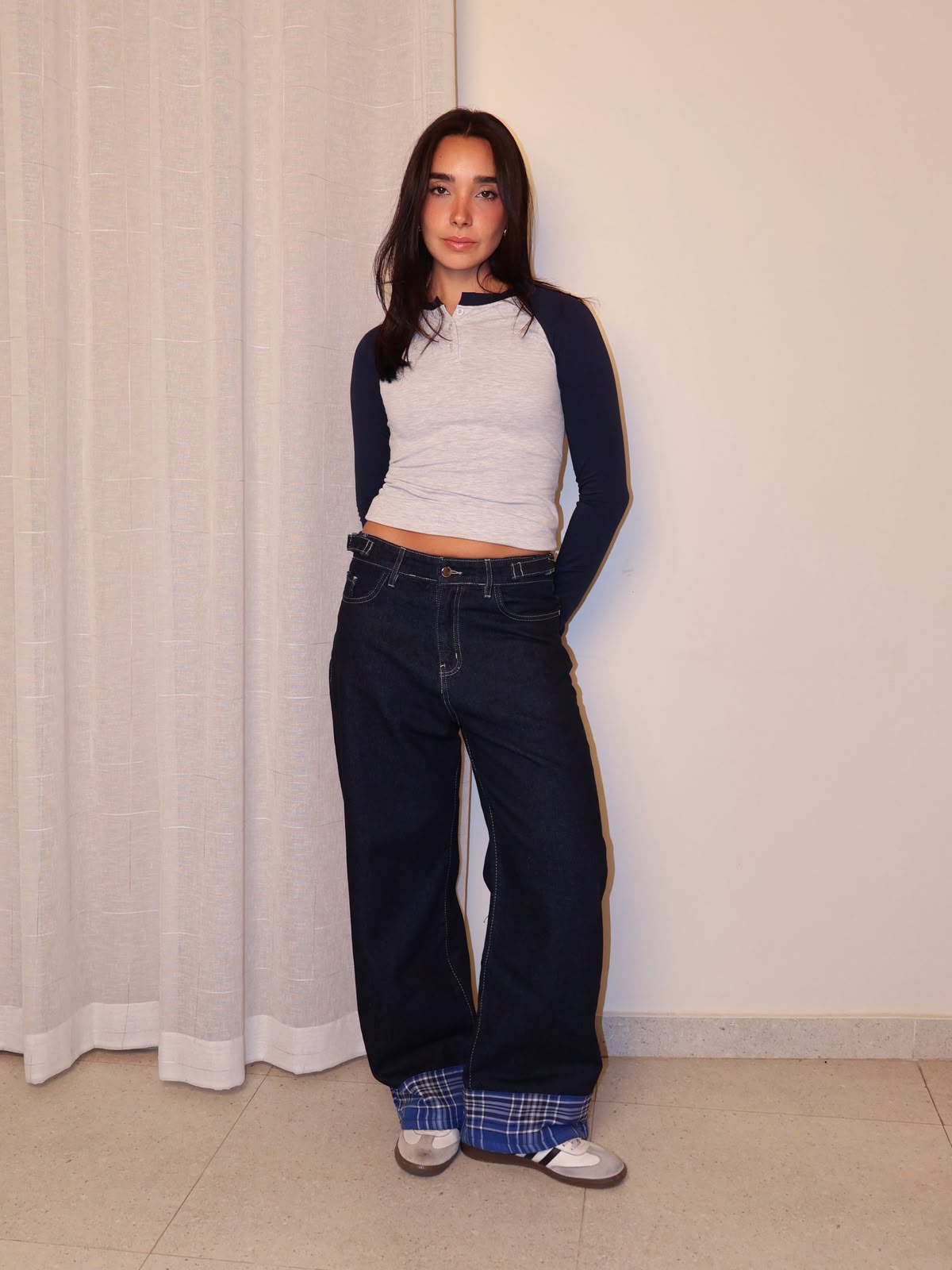 Checkered Cuff Wide Leg Jeans
