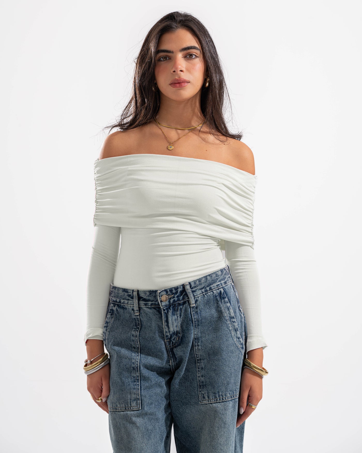 OFF SHOULDER DRAPED LONG SLEEVE IN WHITE